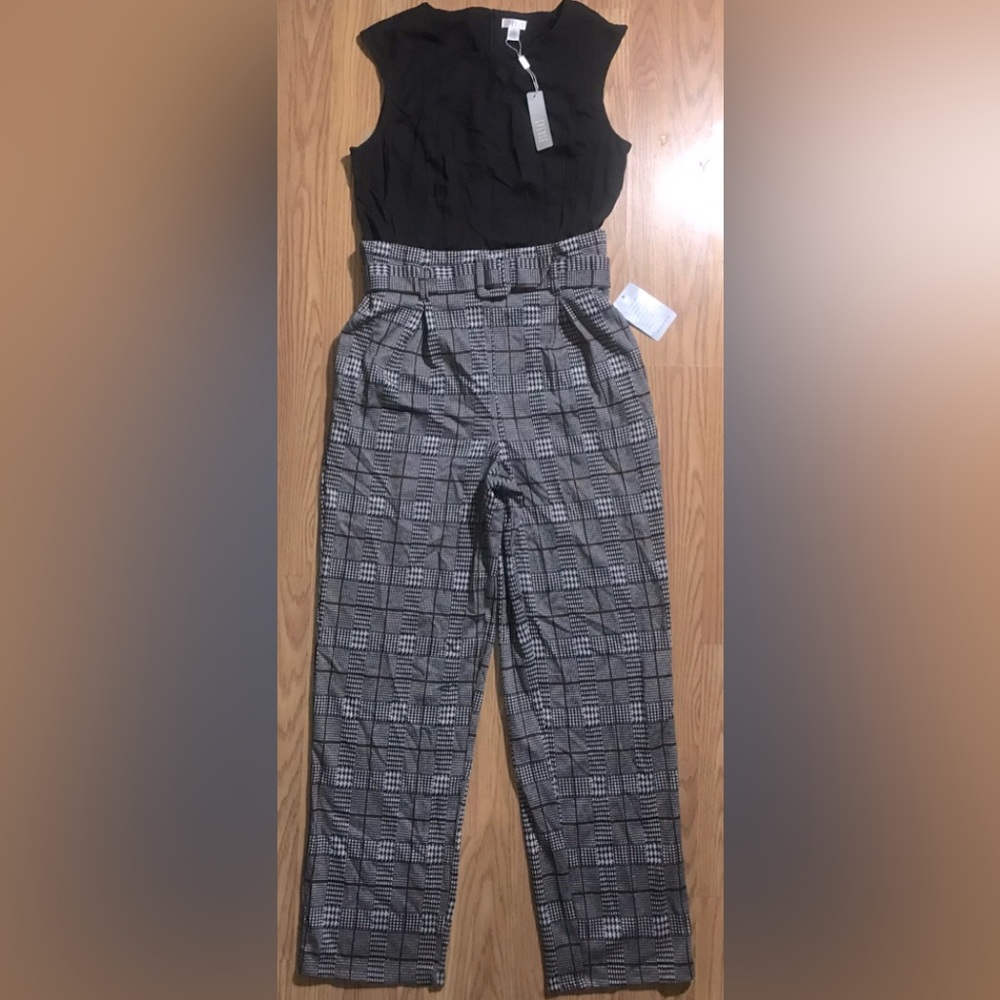 NEW Spense Nordstrom One Piece Pantsuit Jumper Black & Gray Plaid w Belt
